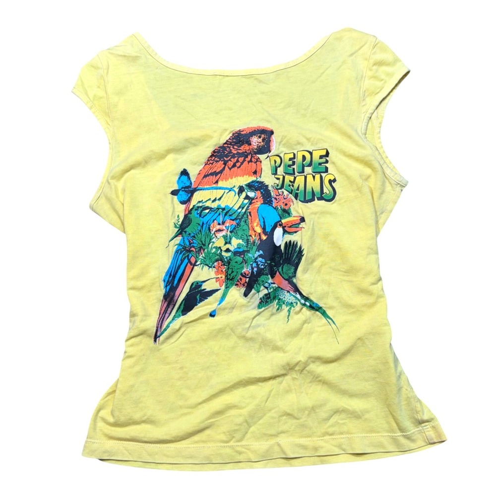 Y2K Pepe Jeans London Yellow Tropical Parrot Graphic Open Back Tank Top XS